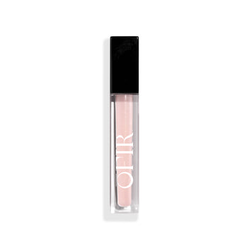 Clear tube of light pink lip gloss labeled "OFIR," featuring a sleek black cap.