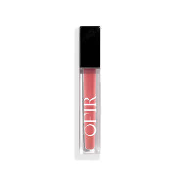 Clear tube of pink liquid lipstick with a black cap, featuring bold white branding on the side.