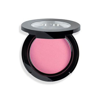 Compact with pink blush in a sleek black case featuring a transparent cover.