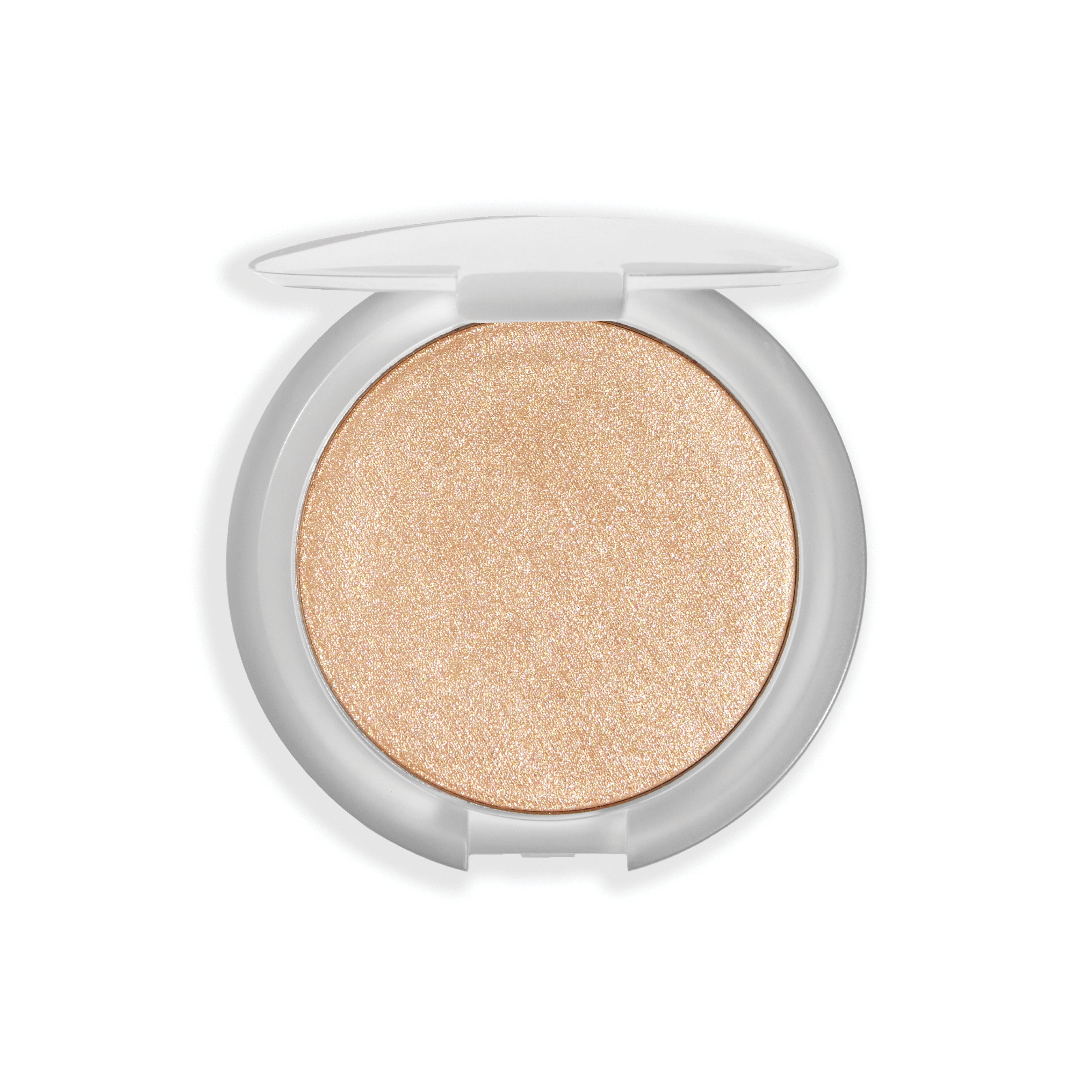 A compact case containing a shimmery golden highlighter with a white lid partially open.