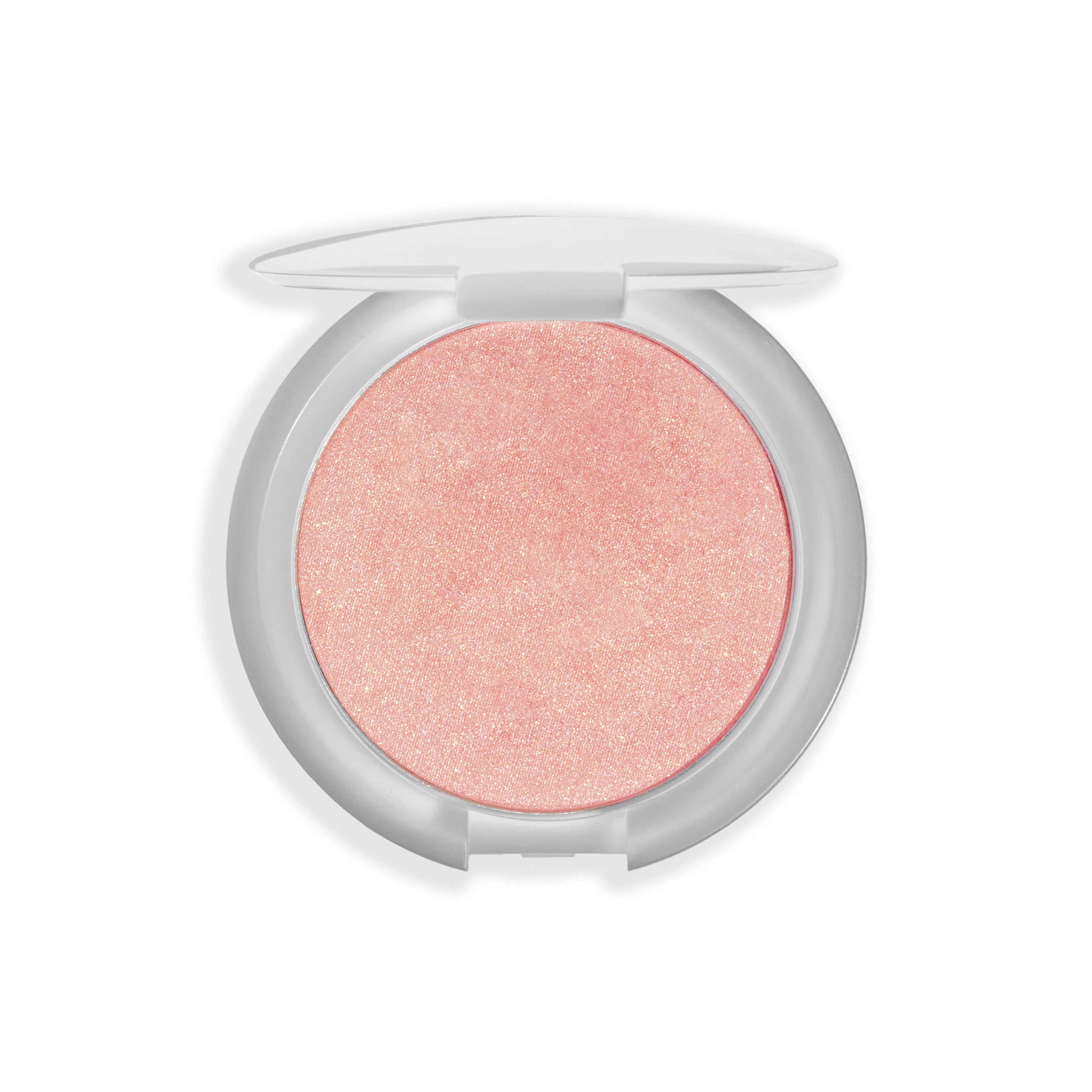 Open compact with shimmering pink pressed powder encased in a round, white container.