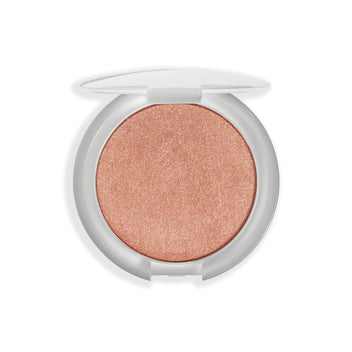 Open compact with a shimmery peach-toned powder.