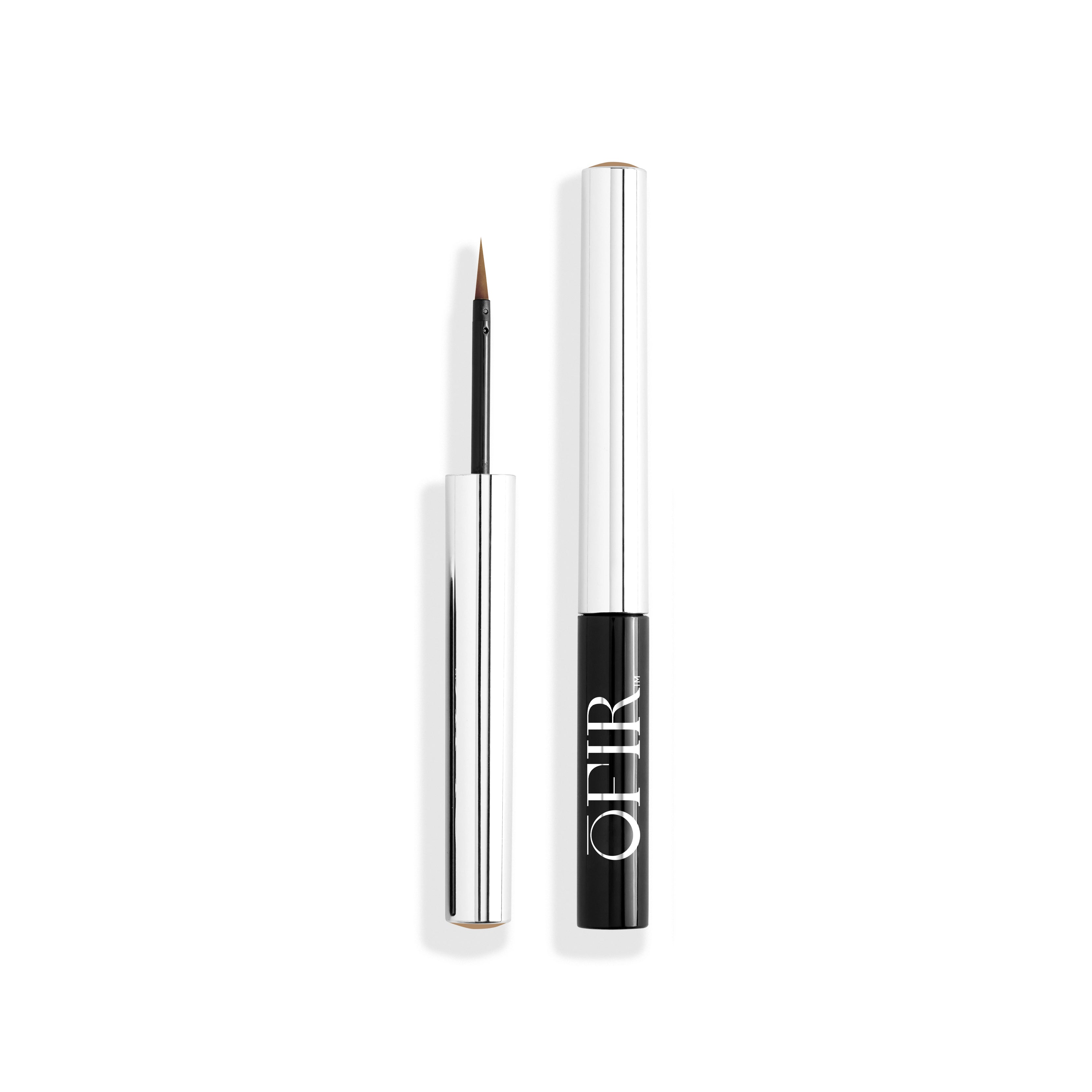 Sleek silver and black liquid eyeliner with a precision brush for detailed application.