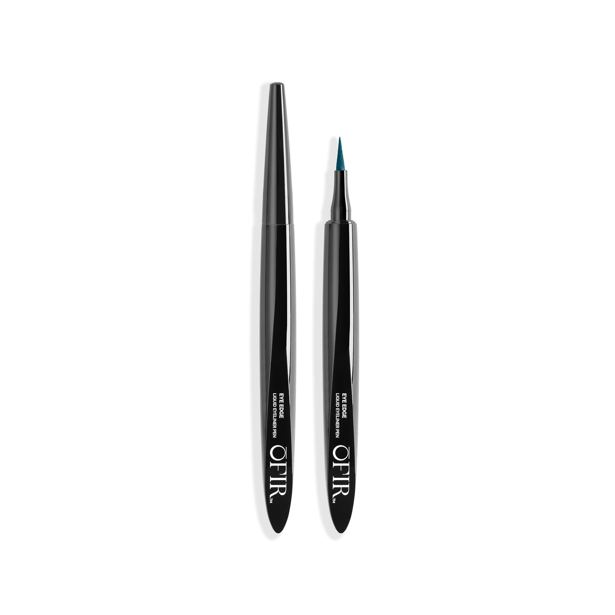 Two sleek black liquid eyeliner pens, one with the cap on and the other with a fine teal tip exposed, designed for precise application.