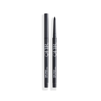 Two sleek black twist-up eyeliner pens with "OFIR" branding, one open to reveal the tip and the other closed.