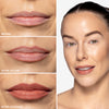 Before, after lip line, and after lip rouge comparison showing model's lips with increasing definition and color, alongside full face result in Off Pink shade