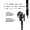 Benefits image for sharpener. Text highlights product benefits: "Durable Blades" "Prevent Breakage" "Exact Sharpening".
Below text reads: "Sleek Steel. Quality carbon blades and a weighted design simplify sharpening." and "Precise Point. The internal cone shape prevents breakage for the perfect tip every time."