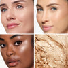 Collage showcasing a golden champagne highlighter/blush in three different models, highlighting color variations on diverse skin tones with a close-up of the product
