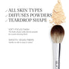 A makeup brush featuring a teardrop shape with smooth, vegan fibers, designed for all skin types to diffuse powders for a soft-focus finish.