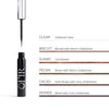Display of six eyebrow gel shades ranging from Clear to Black with Cool Undertones, alongside corresponding color swatches and descriptive undertones.