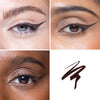 Three close-up views of eyes with different skin tones, each showcasing expertly applied winged eyeliner in a dark shade, accompanied by a sample stroke of the same eyeliner color.