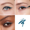 Three close-up images showcase a vibrant teal liquid eyeliner applied with precision on different eye shapes and skin tones, accompanied by a swatch of the eyeliner.
