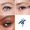 Three close-up images showcasing vibrant blue eyeliner on different eye shapes and skin tones, accompanied by a swatch of the eyeliner.