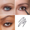 Close-up shots showing the application of eyeliner on eyes with different skin tones, alongside a drawn black eyeliner swatch on a white background.