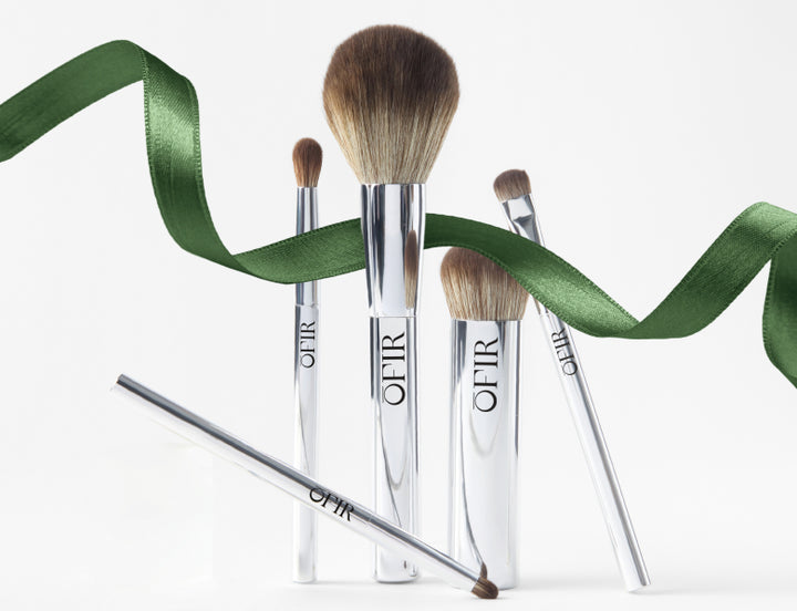 OFIR makeup brushes with chrome handles arranged upright on white background