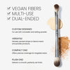 Benefits image for Brush. Text highlights product benefits: "Vegan Fibers" "Multi Use" "Dual Ended". Below text reads "Custom Designed For use with concealer and setting power", "Versatile. Densely packed shape to blend cream and powder products", "Compact End. Offers precise coverage for targeted areas", and "Plush End. Delivers a smooth, perfectly set finish"