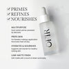 Frosted glass bottle with dropper, labeled "OFIR," featuring a multipurpose primer that primes, refines, and nourishes. Text highlights benefits: flawless makeup application, hydration, and lumi-matte finish.