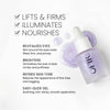 Bloom Serum Benefits image. Text highlights key benefits Lifts & Firms. Illuminates. Nourishes' followed by additional benefits explained "Revitalizes Eyes. Skin around the yes looks lifted, firm, and plump", "Brightens. Diminishes the look of dark circles and puffiness", "Refines Skin Tone. Reduces the appearance of fine lines and sagging" and "Easy-Glide Gel. Soothing, non-sticky, smoothing application"