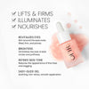Bloom Serum Benefits image. Text highlights key benefits Lifts & Firms. Illuminates. Nourishes' followed by additional benefits explained "Revitalizes Eyes. Skin around the yes looks lifted, firm, and plump", "Brightens. Diminishes the look of dark circles and puffiness", "Refines Skin Tone. Reduces the appearance of fine lines and sagging" and "Easy-Glide Gel. Soothing, non-sticky, smoothing application"