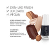 The Skin Satin Benefits image. Text highlights key benefits 'Skin-like finish. Buildable. Vegan.' followed by additional benefits explained 'Pore-refining finish: Botanicals extracts and Vitamin E deliver blendable, seamless coverage' and 'Hydrating skincare: Antioxidant rich formula delivers maximum moisture while soothing skin.'
