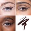 Collage showcasing a deep brown eye liner  applied on three different models, highlighting how the colors vary across diverse skin tones, with a swatch line demonstration