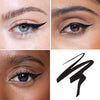 Collage showcasing a black eye liner  applied on three different models, highlighting how the colors vary across diverse skin tones, with a swatch line demonstration