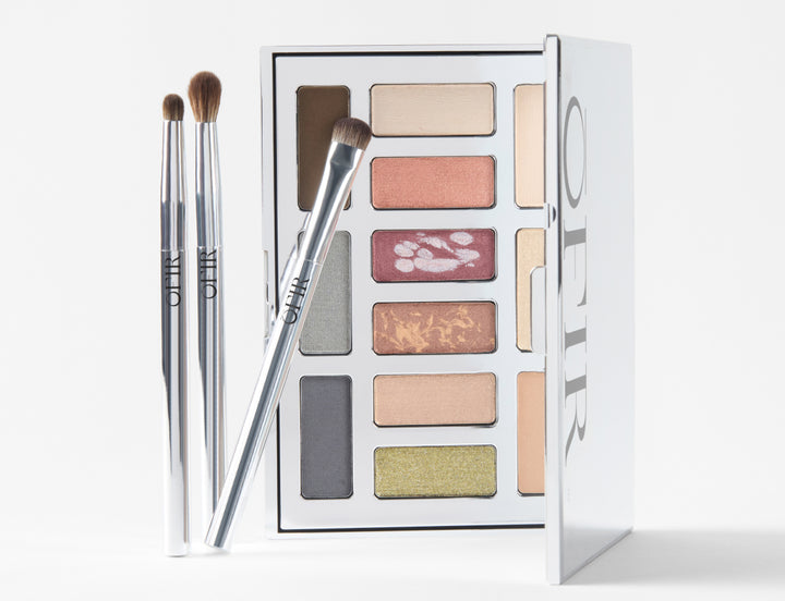 Open silver makeup palette featuring a variety of eyeshadow shades alongside three makeup brushes with metallic handles.