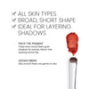 Chromatic Cover Benefits image. Text highlights key benefits "ALL SKIN TYPES. BROAD. SHORT SHAPE.IDEAL FOR LAYERING SHADOWS" follows by additional benefits explained "PACK THE PIGMENT: These short, broad fibers grab shadows for precise, fallout-free layering across lids" and "VEGAN FIBERS: Silky smooth fibers are gentle on skin"