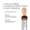 Benefits image for Brush. Text highlights product benefits: "Vegan Fibers" "Seamless Application" "Easy to Blend". Below text reads "Made for all skin types" "Versatile. Use this densely packed shape to blend cream & liquid products" and "Silky Swipe. Smooth vegan fibers are gentle on skin and easy to clean"