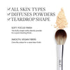 Benefits image for Brush. Text highlights product benefits: "All Skin Types" "Diffuses Powders" "Teardrop Shape". Below text reads "Soft-Focus Finish. The fluffy shape softly blends powder for a pore-blurring finish." and "Smooth, Vegan Fibers. One silky swipe for a seamless finish"