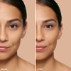 Side-by-side comparison of a woman's face showing her skin before and after using a beauty product, highlighting smoother and more radiant skin in the "after" image.