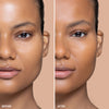 Side-by-side comparison of a woman's face showing "before" and "after" using a beauty product, with visible improvements in skin texture and evenness.