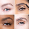 Close-up collage of four different eyes, showcasing various eyebrow shapes and makeup styles.