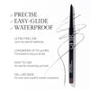 Promotional image of a waterproof gel eyeliner pen emphasizing its precision, easy-glide application, and long-lasting wear up to 14 hours, ideal for tightlining with no sharpening needed.