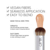 The Blender Brush Benefits image. Text highlights key benefits "Vegan Fibers. Seamless Application. Easy to blend. Made for all Skin Types" followed by additional benefits explained "Versatile. Use this densely packed shape to blend cream & liquid products" and "Silky Swipe. Smooth vegan fibers are gentle on skin and easy to clean"
