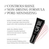 Matte primer tube labeled "OFIR" alongside text highlighting features: controls shine, non-drying formula, and pore-minimizing. Descriptions emphasize its shine control, skin-blurring, and long-wearing capabilities for a fresh, radiant look.