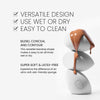 Benefits banner for the Countoured Sponge. Text highlights the product’s features: “Versatile Design,” “Use Wet or Dry,” and “Easy to Clean.” Additional descriptions include “Blend, Conceal and Contour. This versatile teardrop shape makes it easy to do all three wet or dry” and “Super Soft & Latex-Free. Experience the difference of an ultra-soft, skin-friendly sponge”