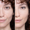Side-by-side comparison showing a woman's face before and after makeup application, with enhanced eyelashes and smoother skin in the "after" image.