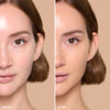 Side-by-side comparison showing skin appearance before and after applying a beauty product, highlighting a smoother and more even complexion.
