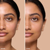 Side-by-side comparison of a woman's face showing the effects of a beauty product, with smoother and clearer skin in the "after" image.