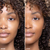 Close-up comparison of a person's face showing before and after effects of skincare or makeup, highlighting smoother and more even skin tone.