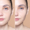 Side-by-side comparison showing a person's face before and after using a skincare product, with the "after" image displaying smoother, more radiant skin.