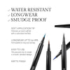 Liquid eyeliners with various colored tips are showcased, highlighting features such as water resistance, longwear up to 24 hours, smudge-proof quality, and a soft application tip for easy use and a matte finish.