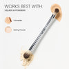 Dual ended brush displayed next to labeled swatches showing it works best with liquids and powders: concealer, and setting powder