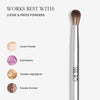 Image for "Works Best With:. Text reads "Loose  & Press Powders" and follows a list "Loose Powder", "Eyeshadow", "Powder Highlighter" and "Powder Bronzer"
