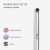 Image for "Works Best With:. Text reads "Powders & Creams" and follows a list "Powder Eyeshadow", "Cream Eyeshadow", and "Eyeliner"