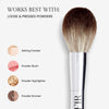 Image for "Works Best With:. Text reads "Loose & Pressed Powders" and follows a list "Setting Powder", "Powder Blush", "Powder Highlighter", and "Powder Bronzer"