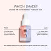 Bloom Serum Tone Education image. Text reads "WHICH SHADE. CHOOSE THE RIGHT PIGMENT FOR YOUR SKIN" 

A dual-shade Bloom Serum dropper serves as the focal point of the image. On the right side of the image (Lilac) text reads "For under-eyes that have yellow or green undertones" On the left side of the image (Peony) text reads "For under-eyes that have blue or purple undertones"