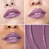 Various skin tones showcasing matte mauve lipstick, with a close-up of the lipstick texture.