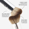 Close-up of two fluffy blending brushes with key benefits that read  "COMPACT SHAPE: Densely packed for applying product to you skin, not into the bristles" "PRP-GRIP HANDLE: Perfectly balanced for effortless control and a comfortable hold" and "VEGAN FIBERS; Ultra-soft bristles for a gentle blend on all skin types" 